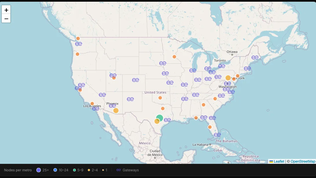 The Evolving Edge network map of the United States. Purple ee markers show the planned Gateway markets, spread across the country, and colored dots show metros with live nodes. The legend reads Nodes per metro: 25+, 10–24, 5–9, 2–4, 1, and Gateways.